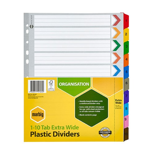 Marbig Board Dividers A4 1-10 Tab Xtra Wide Clear 36250F